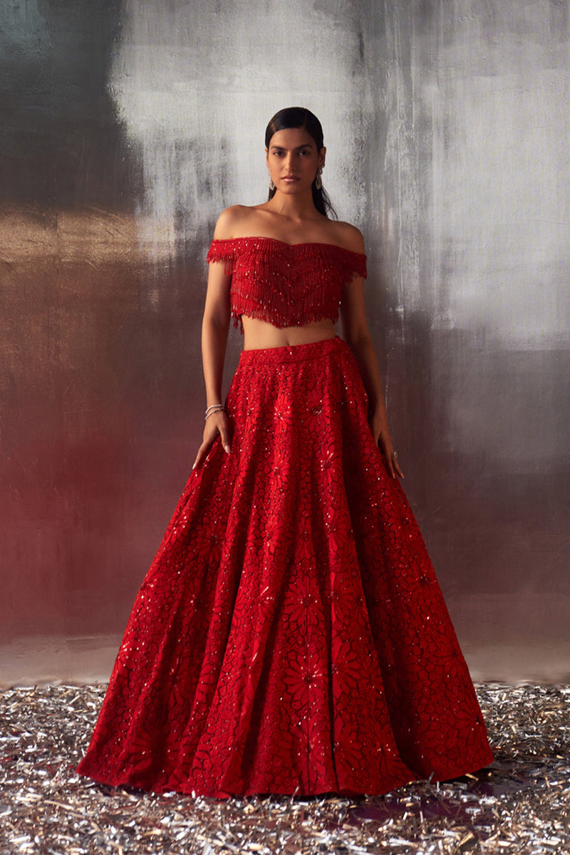 Red Net Lehenga Set