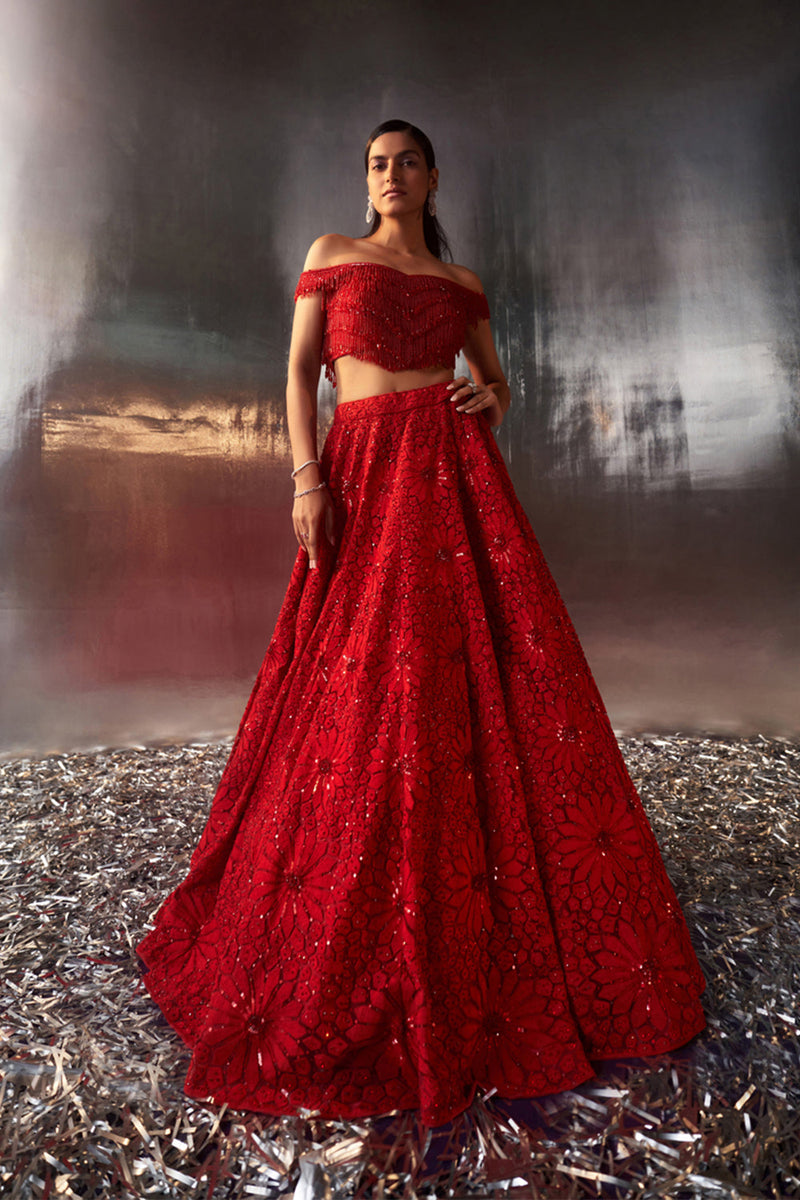 Red Net Lehenga Set