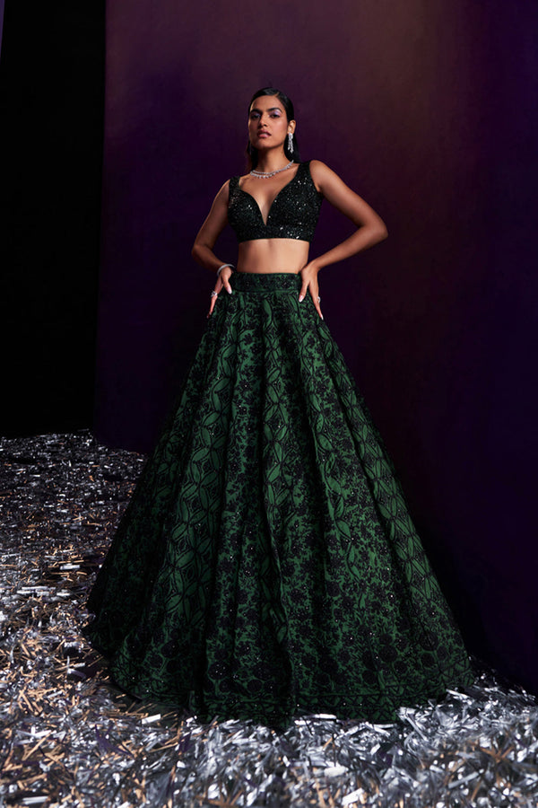 Green Organza Lehenga Set