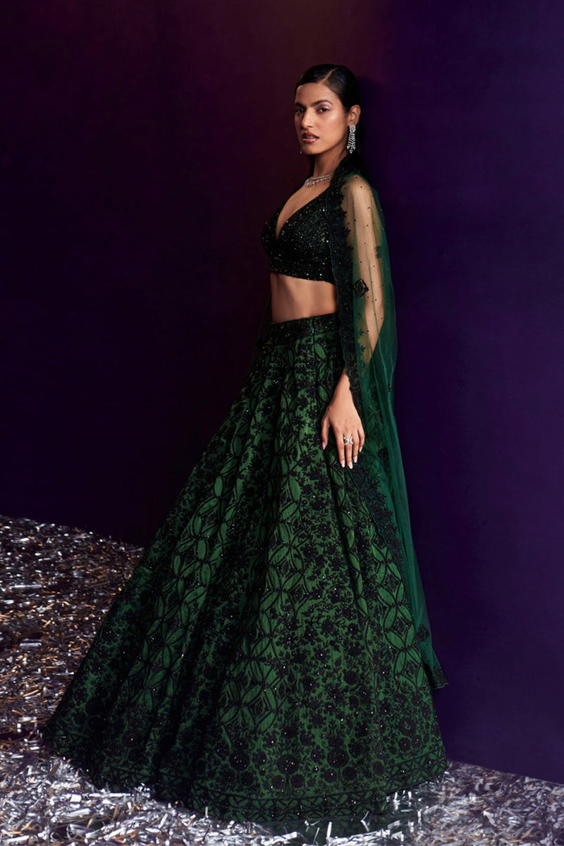 Green Organza Lehenga Set