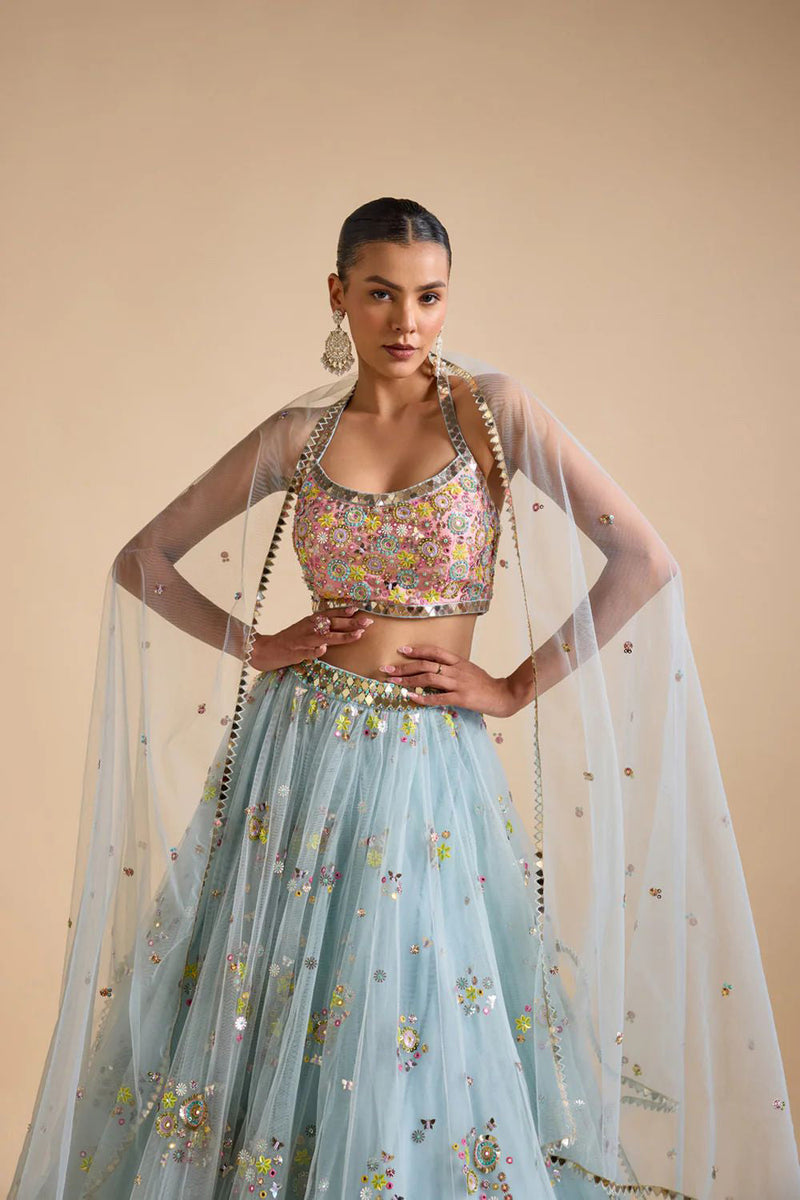 Multi Colour Net Lehenga Set