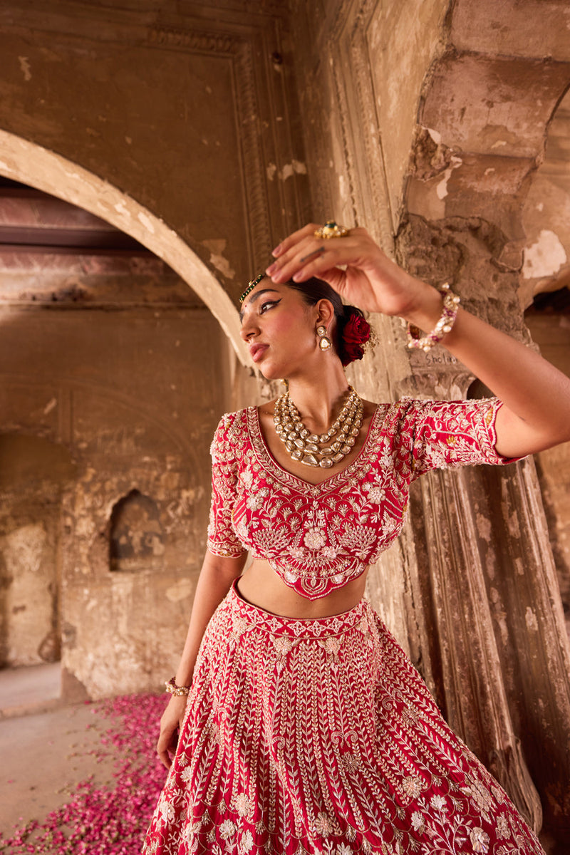 "Naira" Red Raw Silk Hand Embroidered Lehenga Set