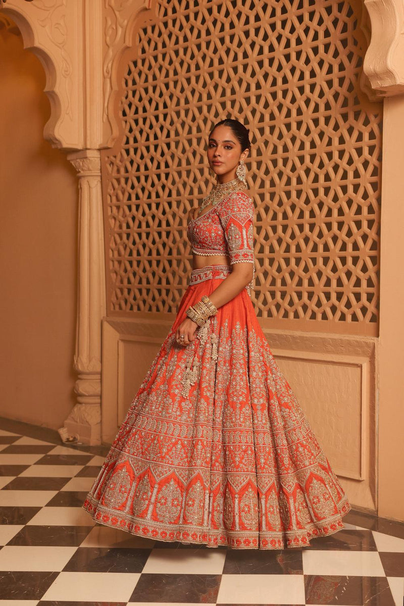 Faizah - Orange Lehenga With Blouse And Dupatta