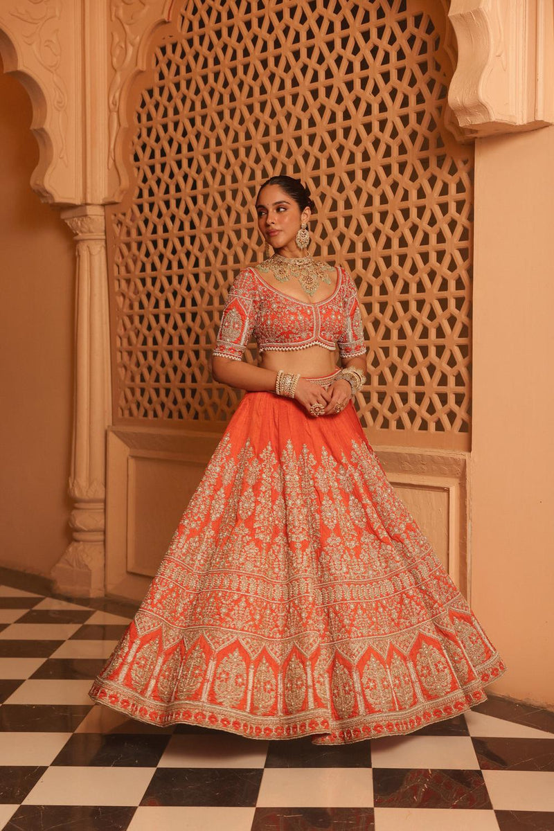 Faizah - Orange Lehenga With Blouse And Dupatta