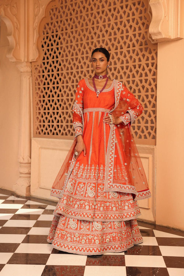 Mariyah - Orange Anarkali With  Lehenga And Dupatta