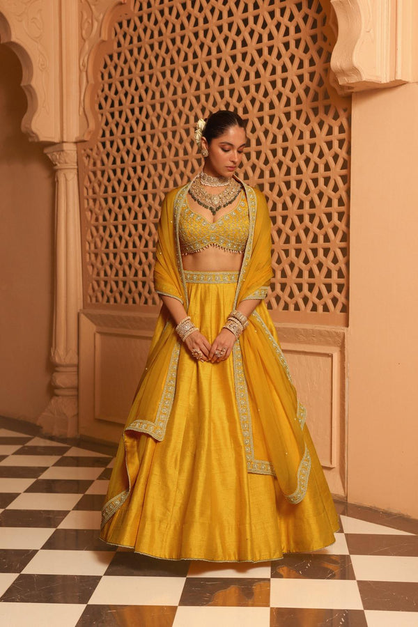 Mazhum - Mustard Lehenga With Blouse And Dupatta