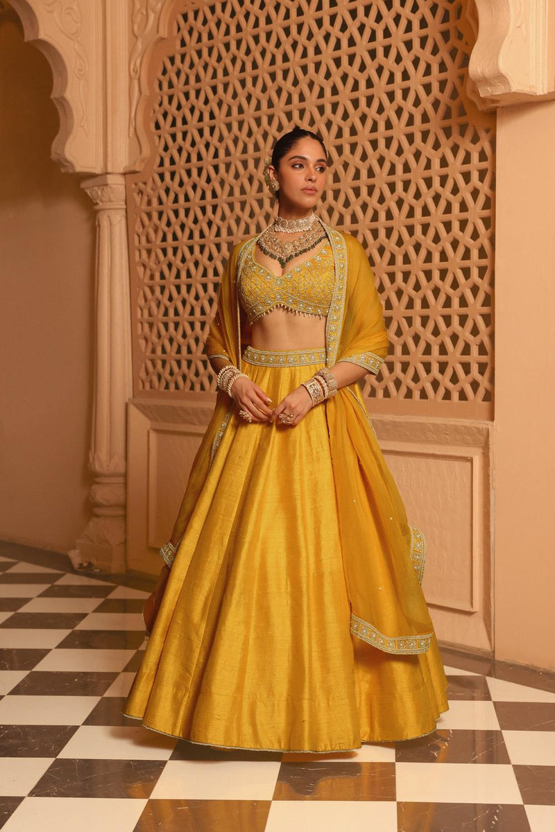 Mazhum - Mustard Lehenga With Blouse And Dupatta