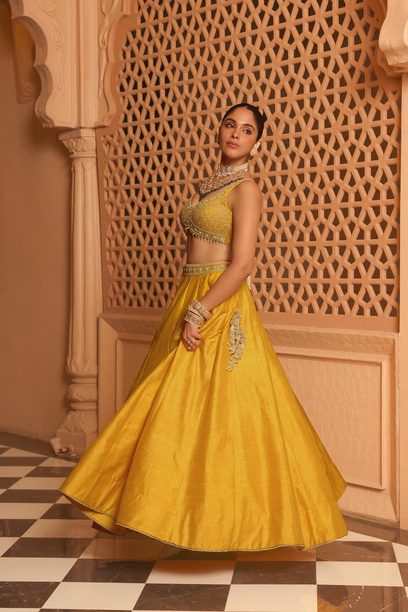 Mazhum - Mustard Lehenga With Blouse And Dupatta