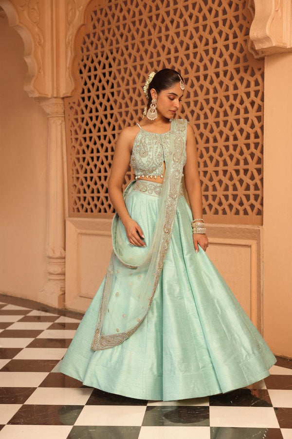 Afsa - Misty Green Lehenga With Blouse And Dupatta