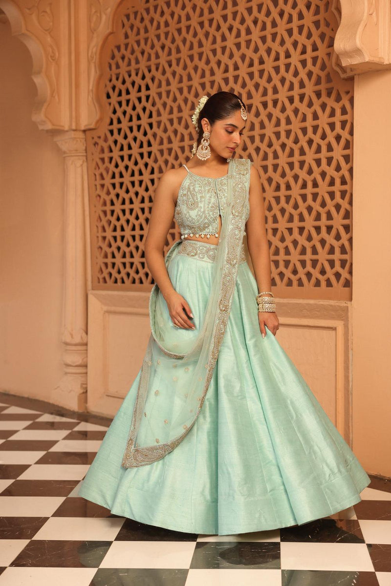 Afsa - Misty Green Lehenga With Blouse And Dupatta