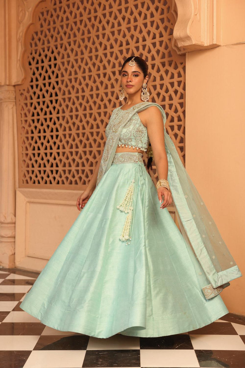 Afsa - Misty Green Lehenga With Blouse And Dupatta