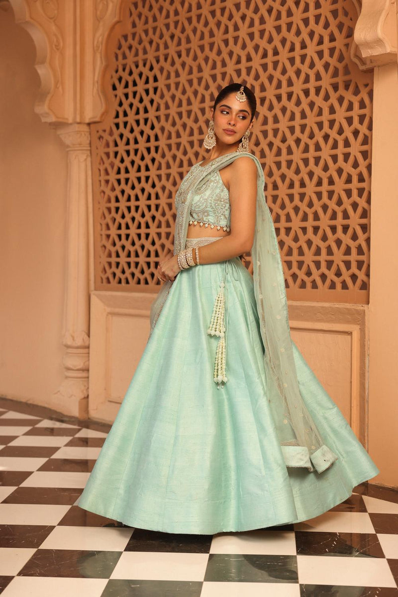 Afsa - Misty Green Lehenga With Blouse And Dupatta