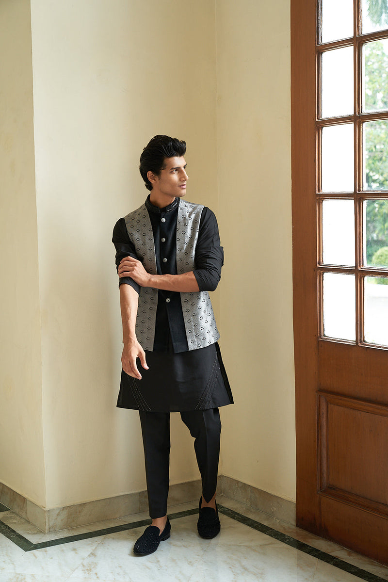 Sheen Black Nehru Jacket Set