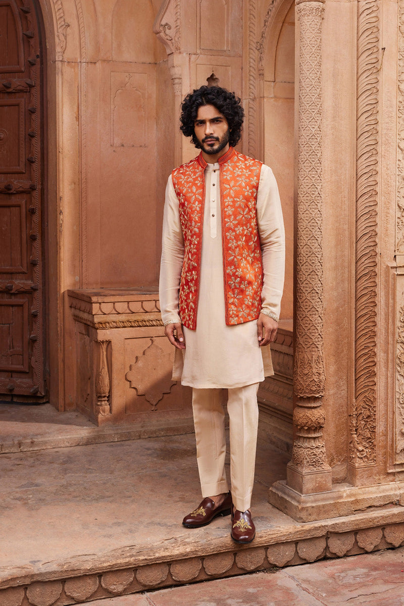 Rust Floral Nehru Jacket Set