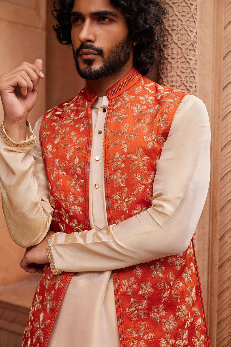 Rust Floral Nehru Jacket Set