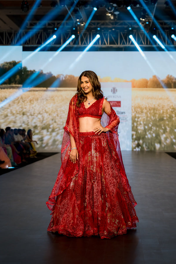 Coral Red Skirt With Cape Set