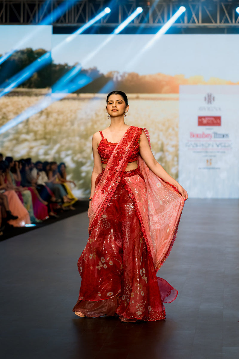 Coral Red Palazzo Saree Set