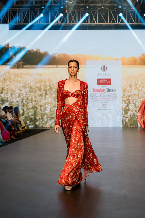 Red Saree With Jacket Set