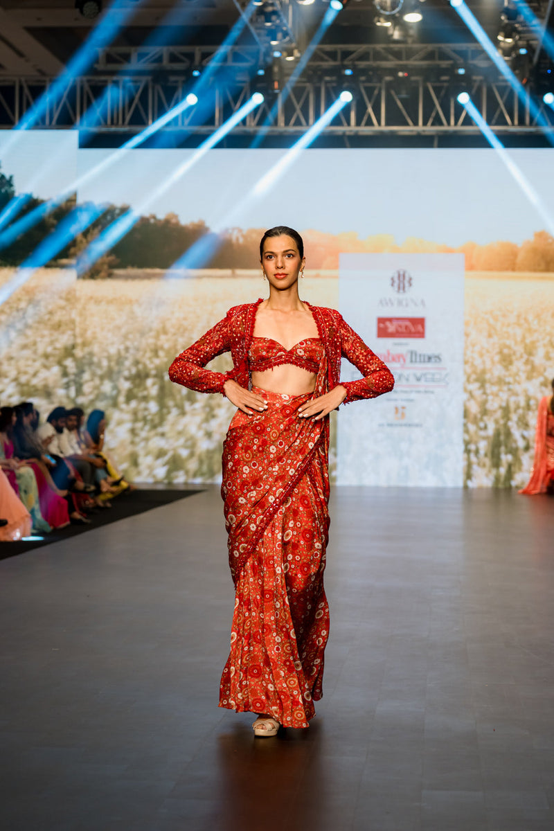 Red Saree With Jacket Set