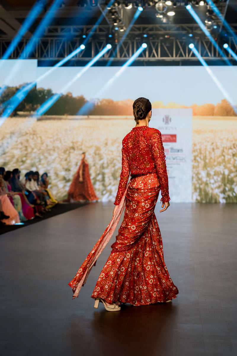 Red Saree With Jacket Set