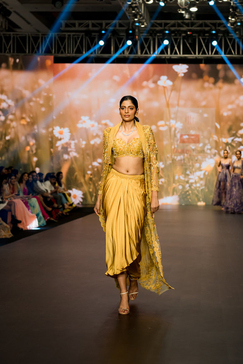 Yellow Long Jacket With Dhoti Skirt Set