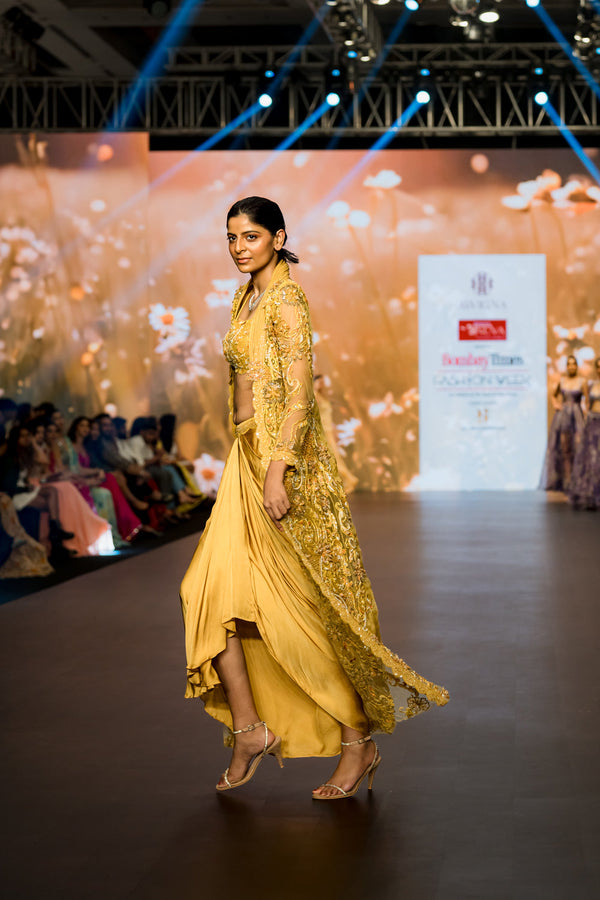 Yellow Long Jacket With Dhoti Skirt Set