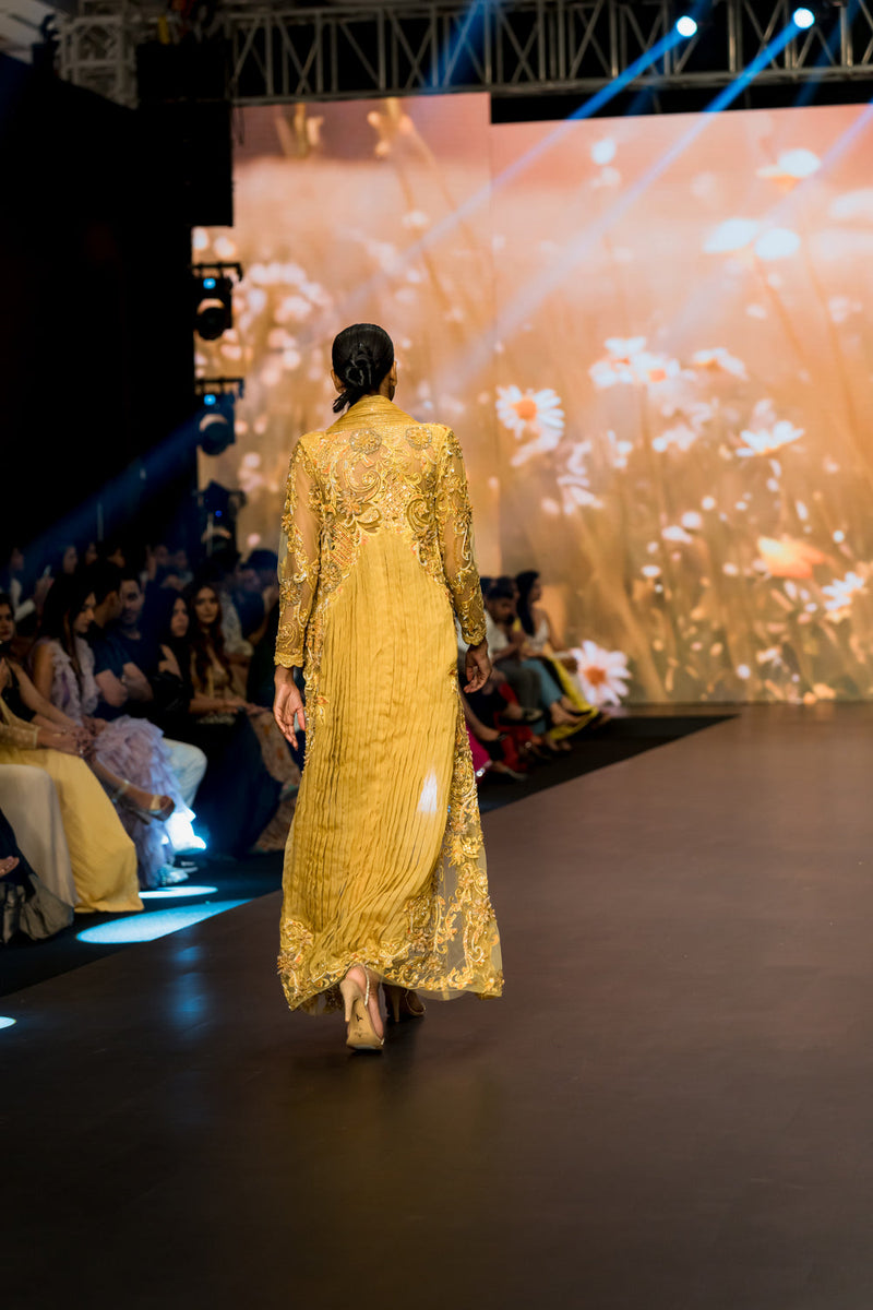 Yellow Long Jacket With Dhoti Skirt Set