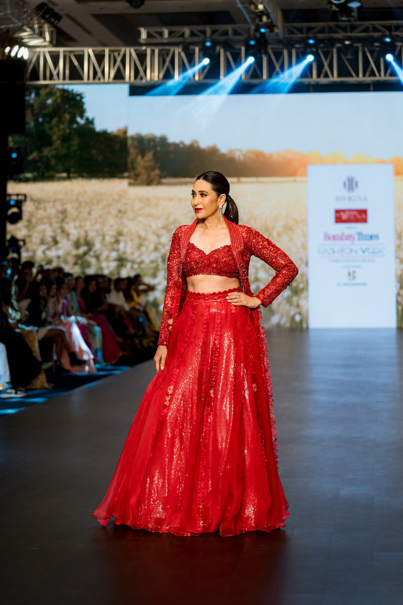 Coral Red Long Jacket With Skirt Set