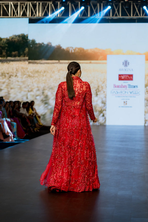 Coral Red Long Jacket With Skirt Set