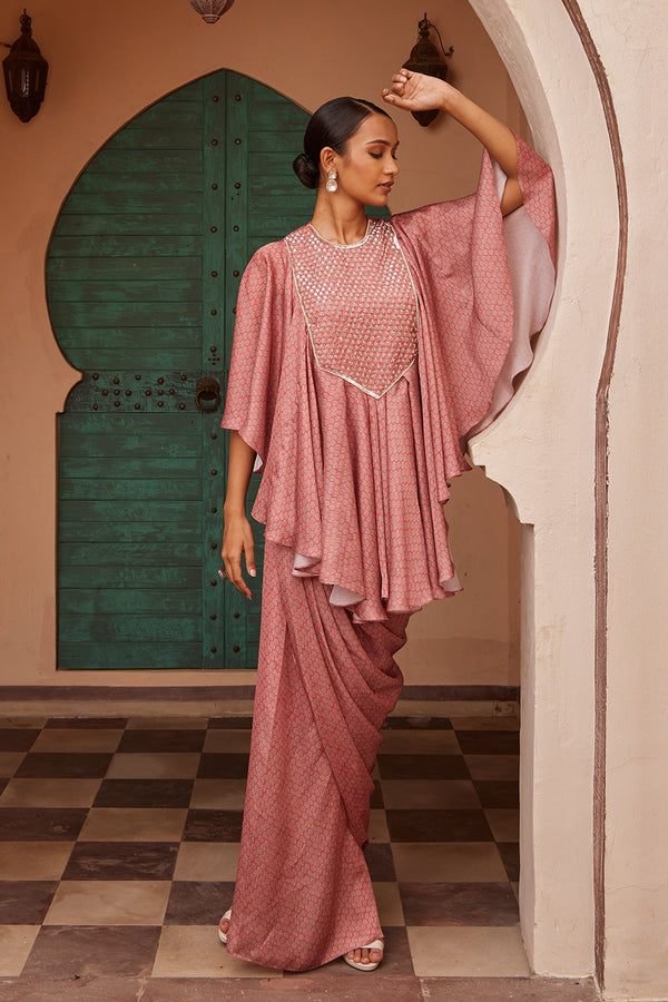 Printed Drape Kurta With Skirt