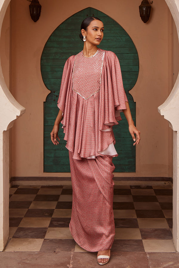 Printed Drape Kurta With Skirt