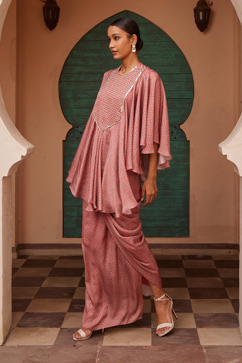 Printed Drape Kurta With Skirt