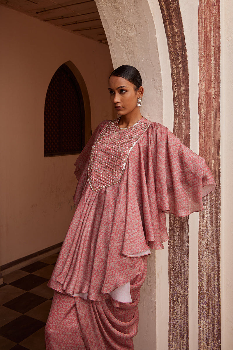 Printed Drape Kurta With Skirt