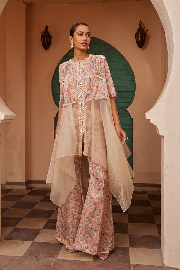 Organza Printed Drape Kurta With Pant