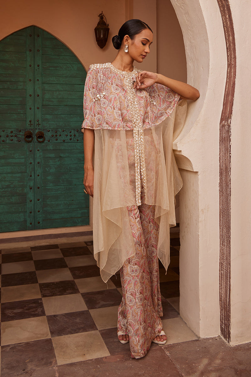 Organza Printed Drape Kurta With Pant