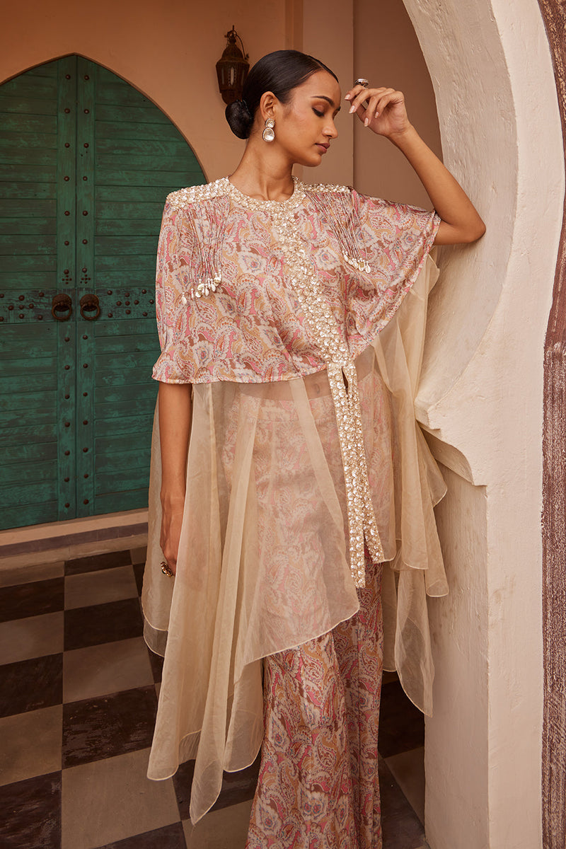 Organza Printed Drape Kurta With Pant