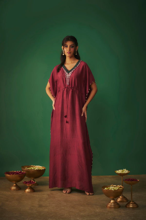 Deep Red Kaftan With Pearls