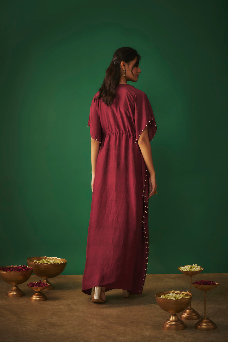 Deep Red Kaftan With Pearls