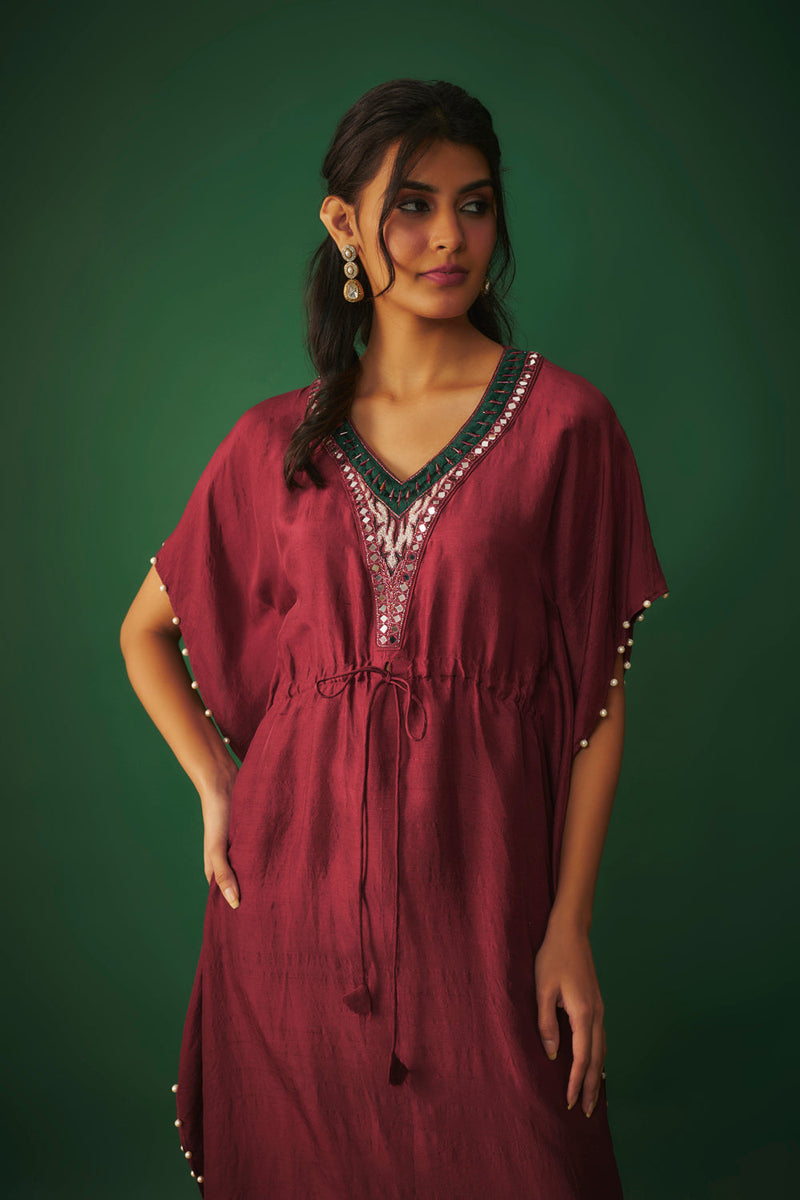 Deep Red Kaftan With Pearls