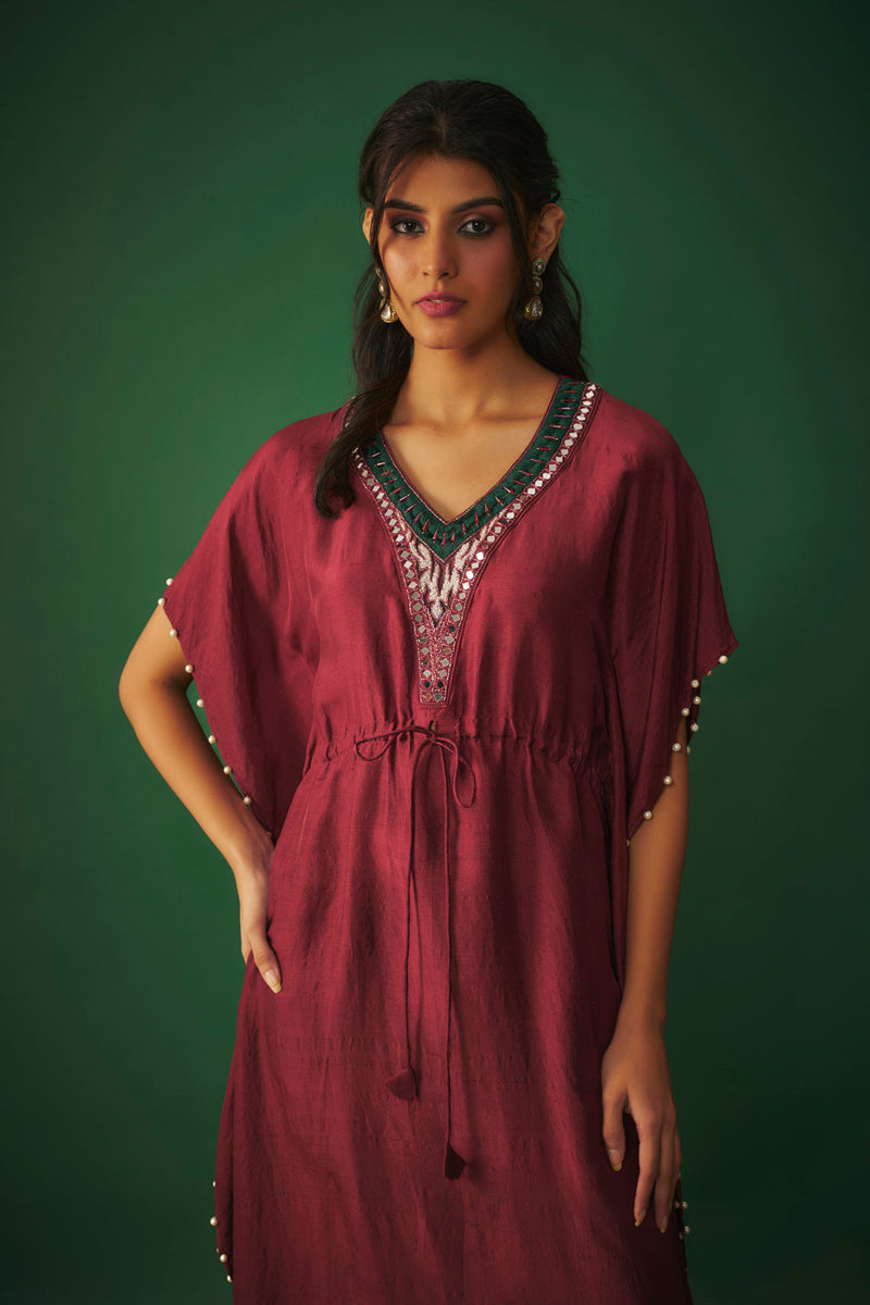 Deep Red Kaftan With Pearls