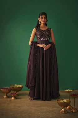 Wine Mirror Embroidered Anarkali With Ruffle Dupatta