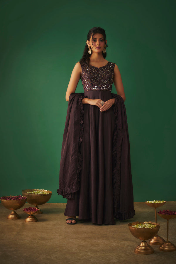 Wine Mirror Embroidered Anarkali With Ruffle Dupatta