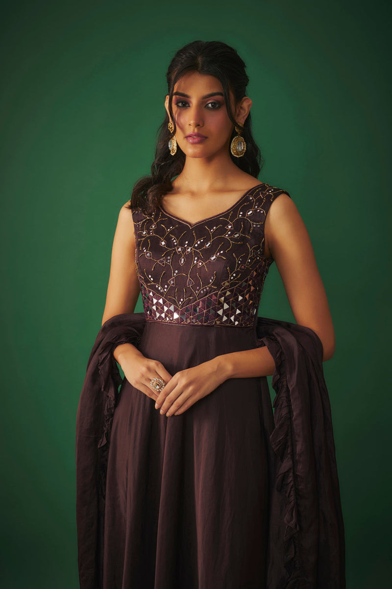 Wine Mirror Embroidered Anarkali With Ruffle Dupatta