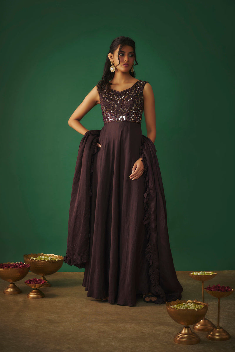 Wine Mirror Embroidered Anarkali With Ruffle Dupatta