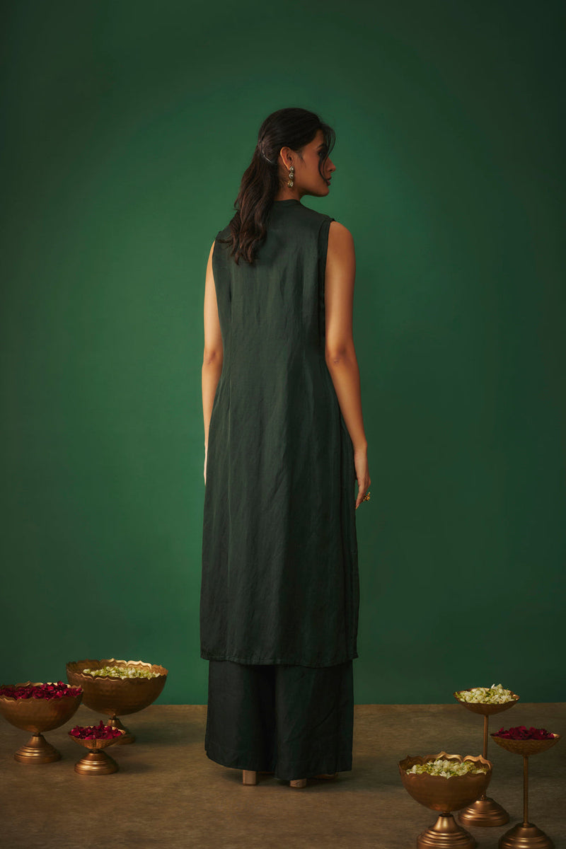 Emerald Green Kurta Pant Set With Copper Gold Embroidery