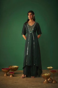 Emerald Green Mirror Work Embroidered Kurta Pant Set