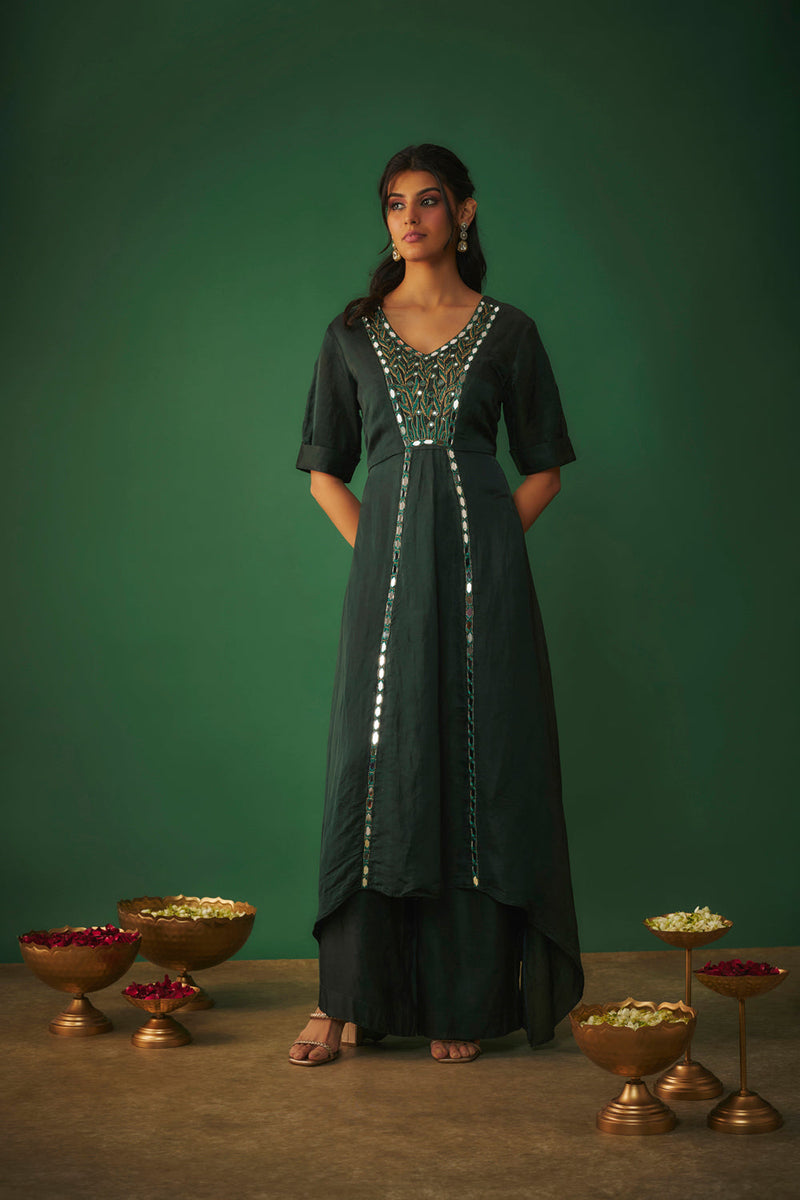 Emerald Green Mirror Work Embroidered Kurta Pant Set