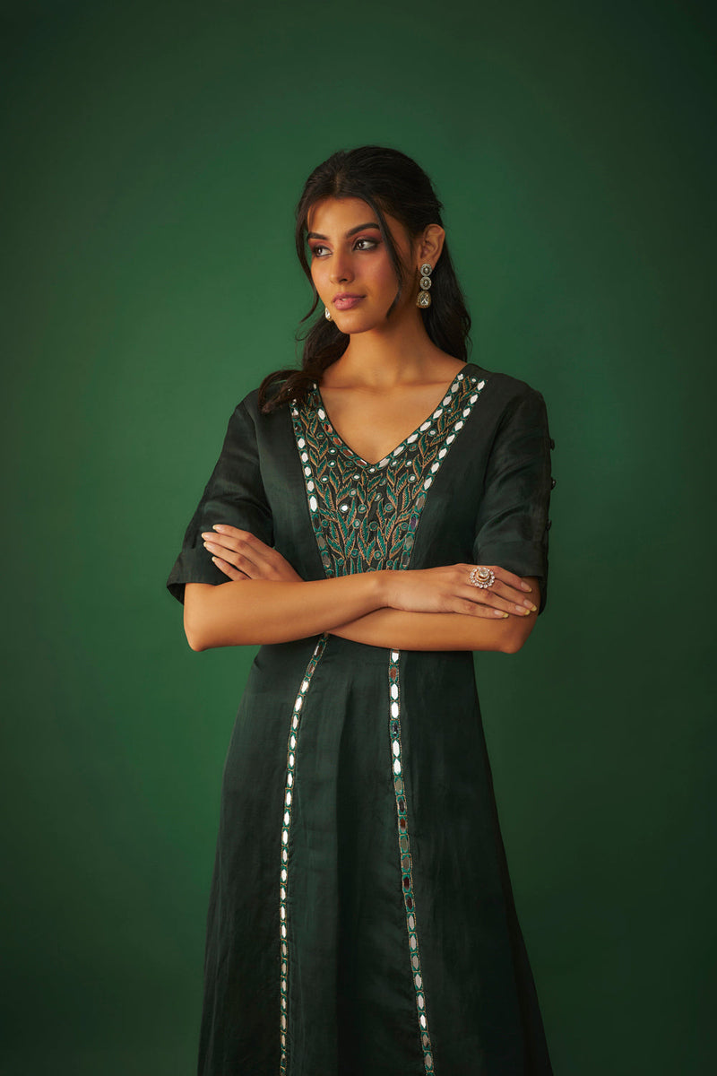 Emerald Green Mirror Work Embroidered Kurta Pant Set