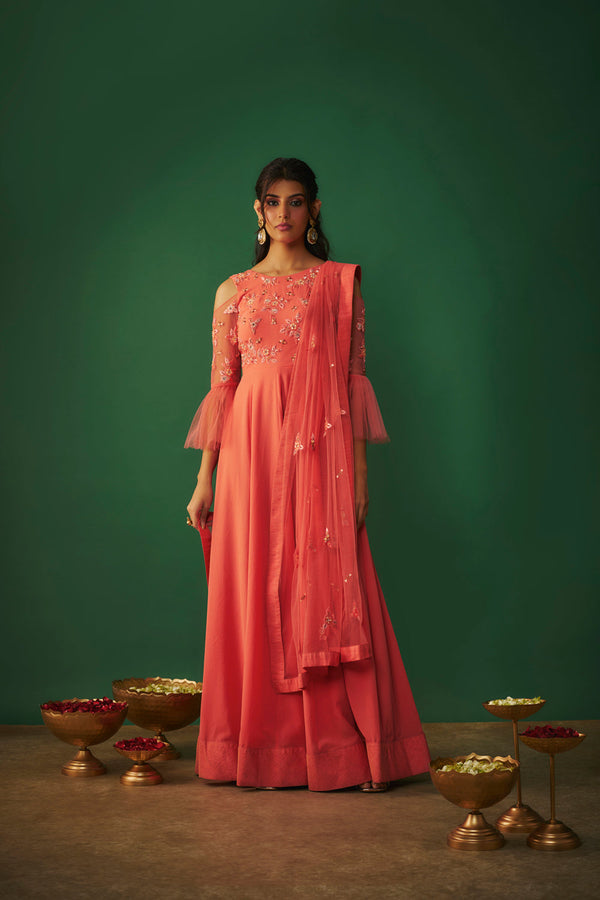 Coral Pink Embroidered Anarkali And Dupatta Set