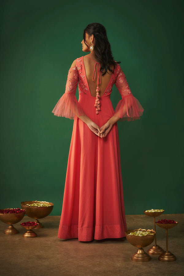 Coral Pink Embroidered Anarkali And Dupatta Set